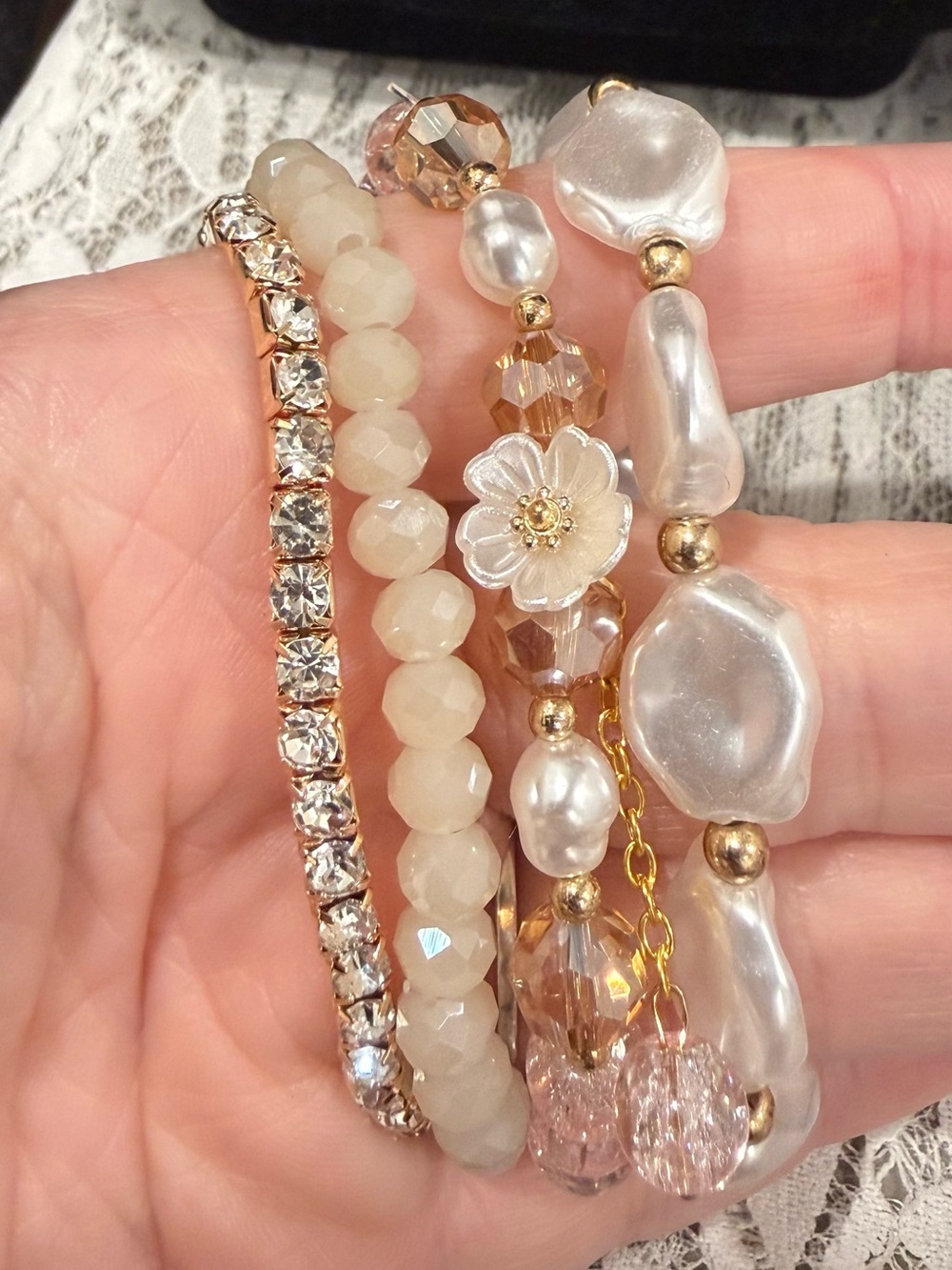 Stackable Pearl & Crystal Bead Bracelet Set (4) Pink Pearl Accent